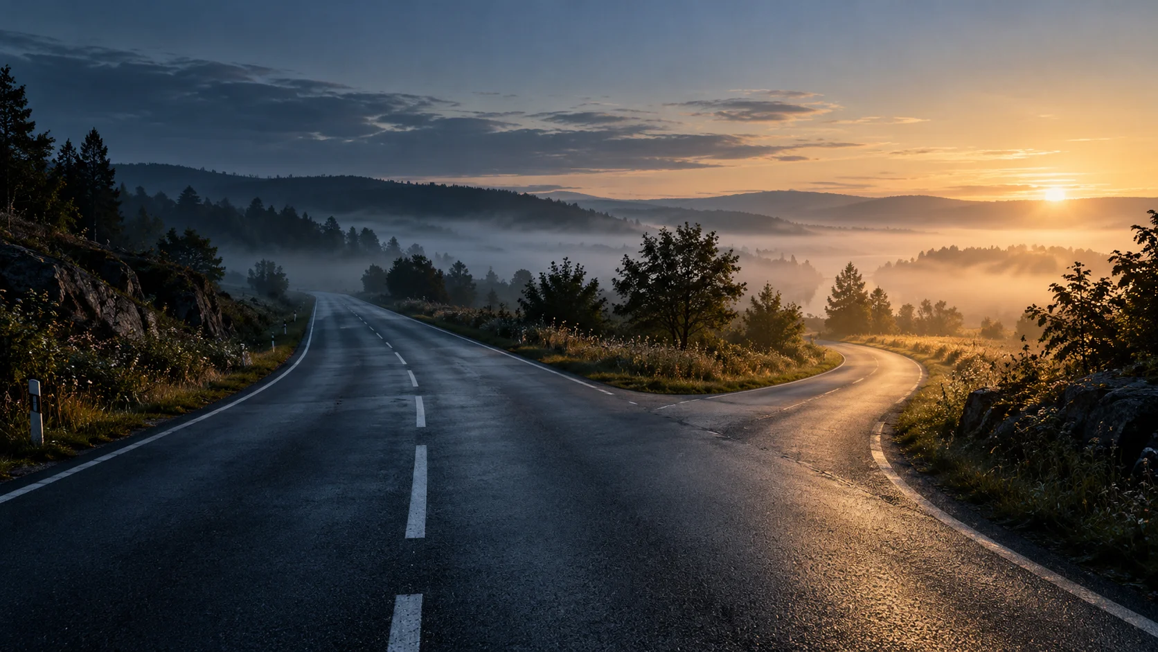 Eine stille Straße verzweigt sich bei Tagesanbruch in einen hellen Weg