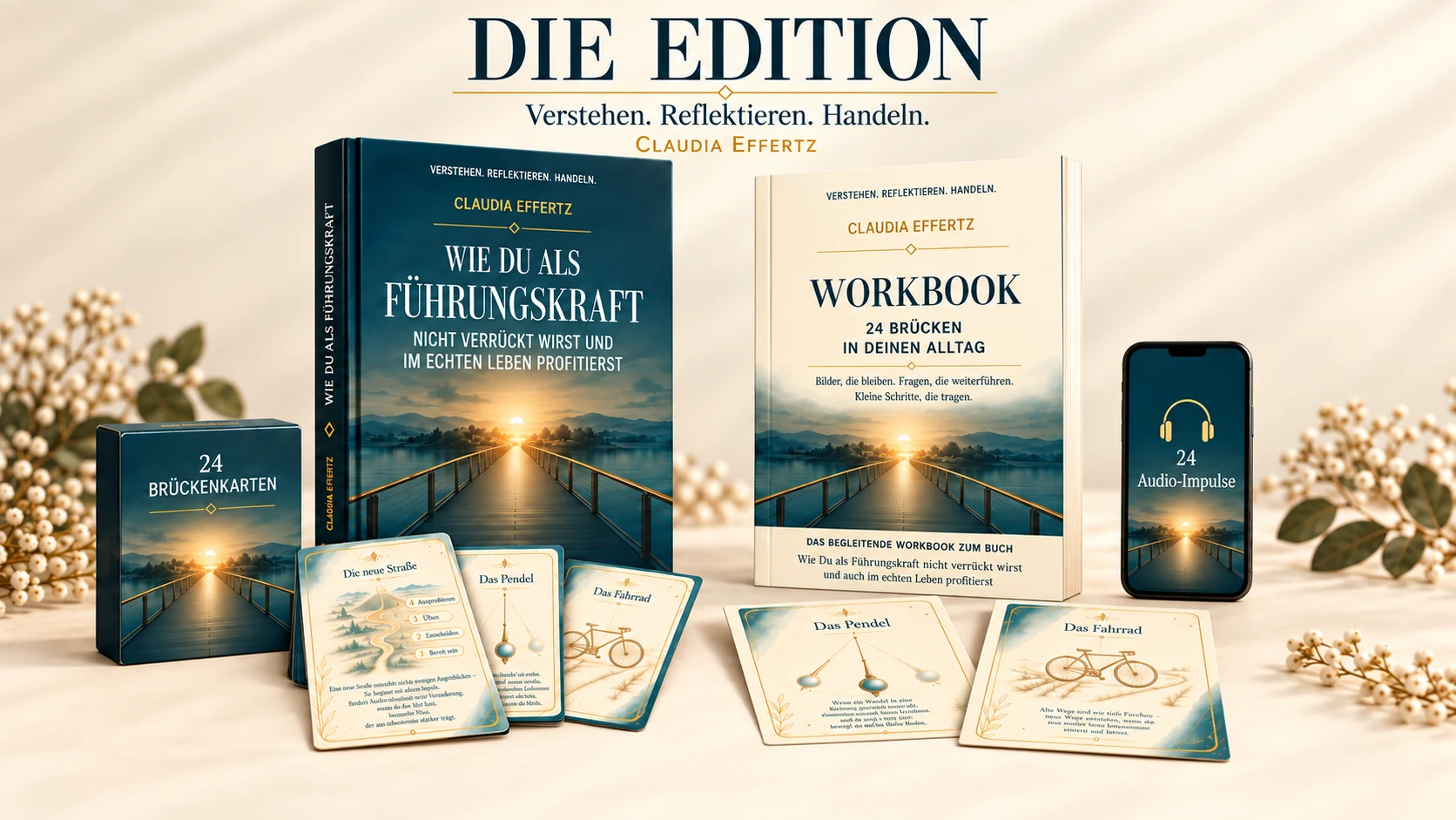 Gestaltungsentwurf mit Buch, Brückenkarten, Workbook, Postkarten und Audioimpulsen