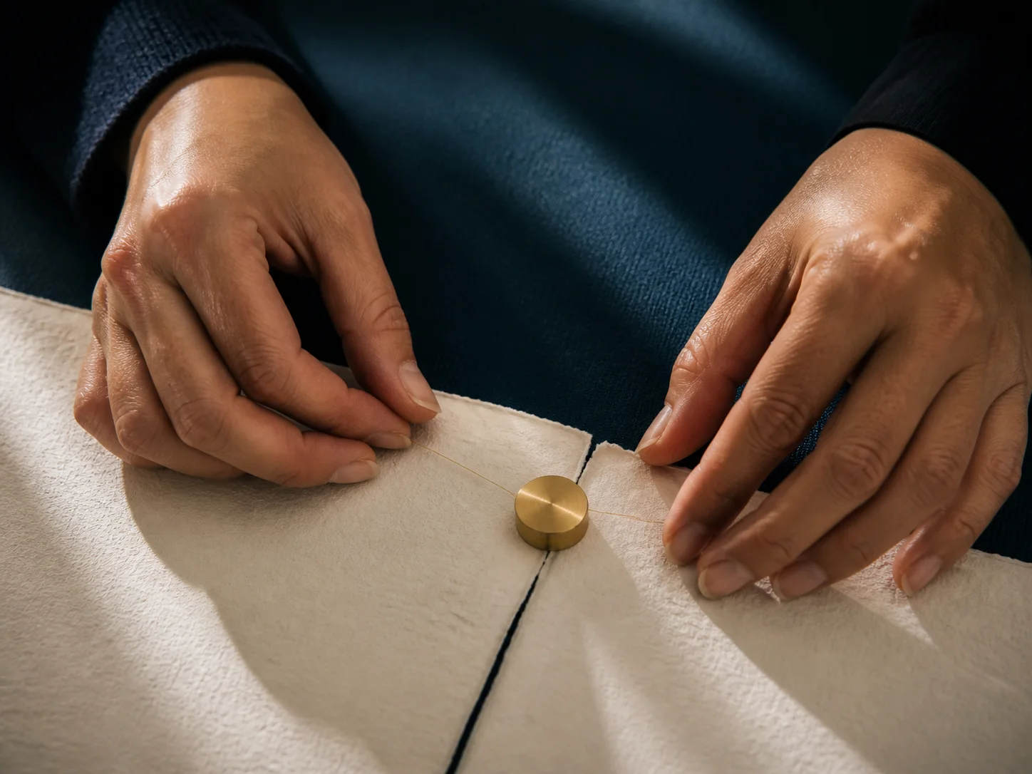 Zwei Hände verbinden Papierflächen an einem goldenen Mittelpunkt