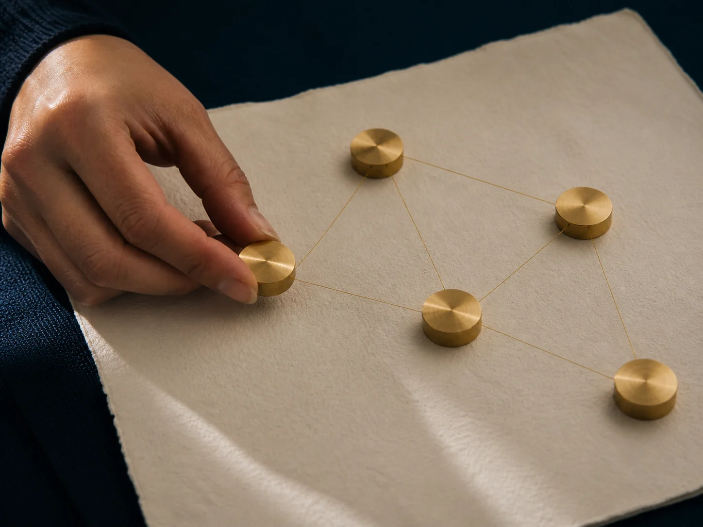 Eine Hand ergänzt den fünften Punkt in einem goldenen Netzwerk